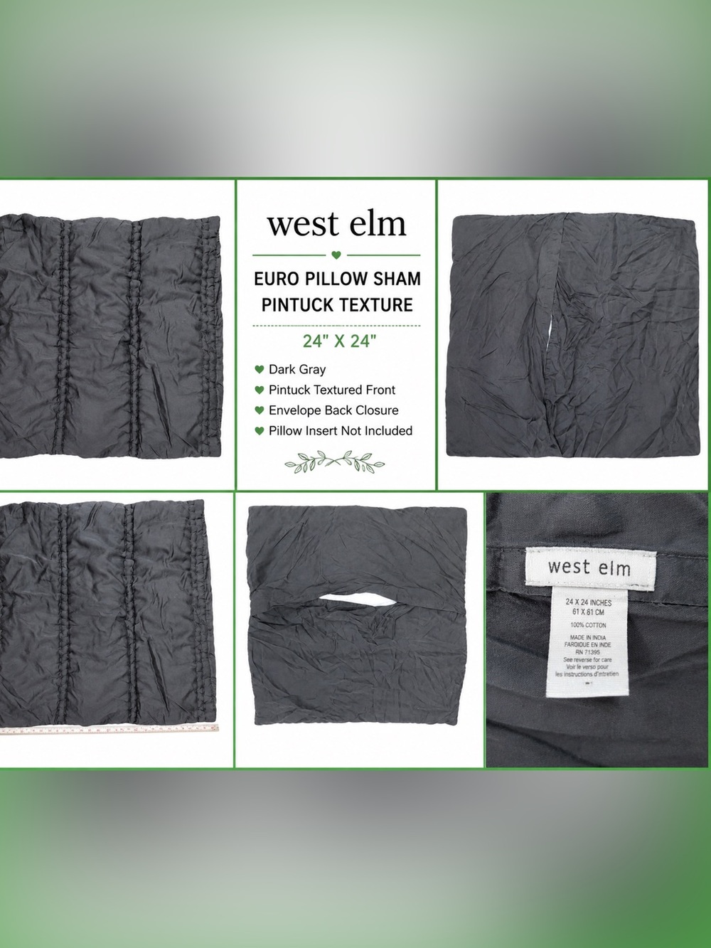 West Elm Dark Gray Pintuck Euro Pillow Sham